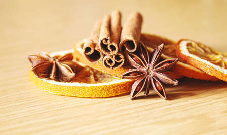 Christmas essential oils in a small bottle. Selective focus. Holiday.の写真素材