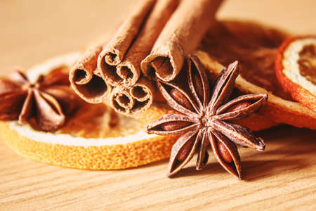 Christmas essential oils in a small bottle. Selective focus. Holiday.の写真素材