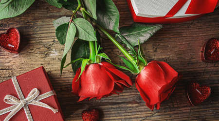 Gift box on a wooden background. Valentine's Day gift.selectiv focus.holidayの写真素材