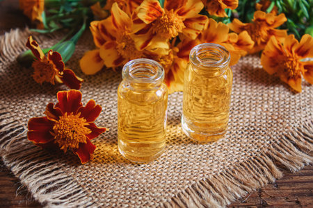 tincture of flowers of Chernobrivtsov in a small jar. selective focusの写真素材