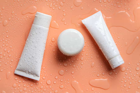Moisturizing cosmetics on a wet background. selective focus. Nature.の写真素材