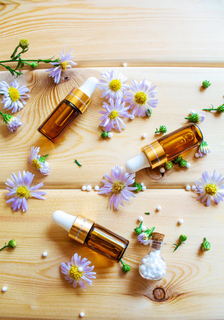 flower oil in glass bottles.homeopathy.selective focus.natureの写真素材