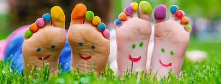 Children's feet with a pattern of paints smile on the green grass. Selective focus.childの写真素材