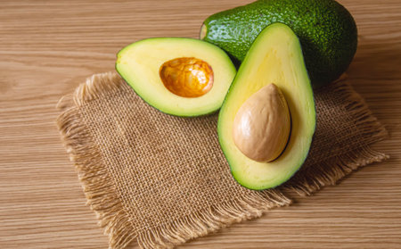 Avocado and avocado oil on wooden background. selective focus foodの写真素材