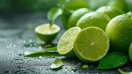 Fresh green limes with leaves and water drops on a dark backgroundの写真素材
