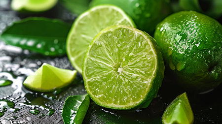 Fresh ripe limes with green leaves on black table, closeupの写真素材