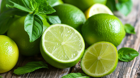 Fresh limes and mint on wooden table, closeup. Detox dietの写真素材