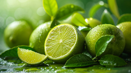 Fresh limes with green leaves and water drops on a green backgroundの写真素材