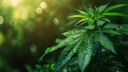 Cannabis leaf with light leaks color tones. Background image with cannabis plant.の写真素材
