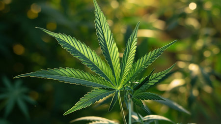Cannabis leaf on blurred background. Cannabis growing in the field.の写真素材