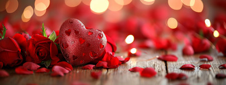 Valentine's day background with red heart and rose petalsの写真素材