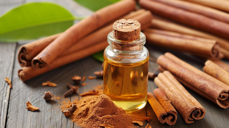 Cinnamon essential oil and wood mon background. selective focus. Generative AI,の写真素材
