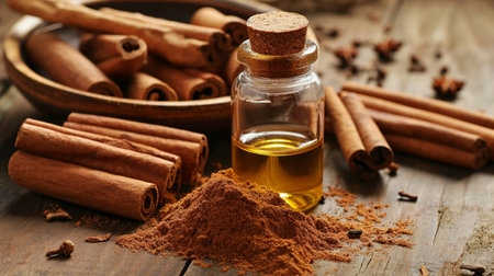 Cinnamon essential oil and wood mon background. selective focus. Generative AI,の写真素材