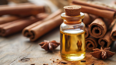Cinnamon essential oil and wood mon background. selective focus. Generative AI,の写真素材