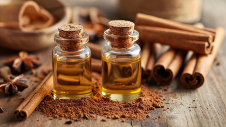 Cinnamon essential oil and wood mon background. selective focus. Generative AI,の写真素材