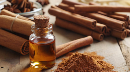 Cinnamon essential oil and wood mon background. selective focus. Generative AI,の写真素材