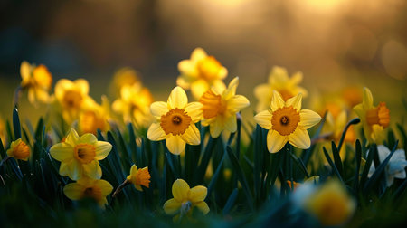 Flower field of yellow daffodils. selective focus. Generative AI,の写真素材