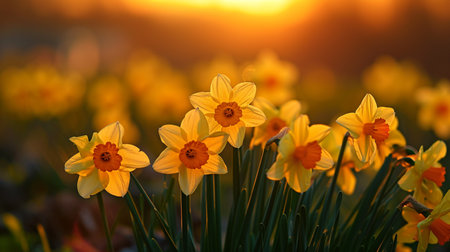 Flower field of yellow daffodils. selective focus. Generative AI,の写真素材