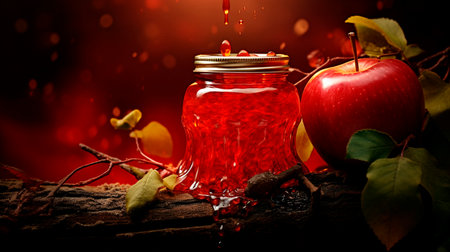 Apple jam in a glass jar on a wooden background with apples.の写真素材