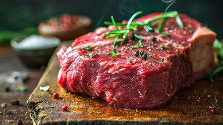 Fresh meat with ingredients for cooking on dark table. Food selective focus. Generative A.I.の写真素材