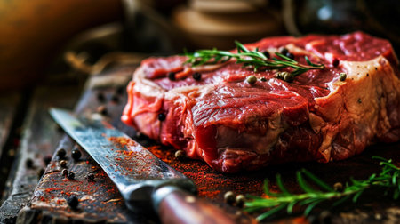 Fresh meat with ingredients for cooking on dark table. Food selective focus. Generative A.I.の写真素材