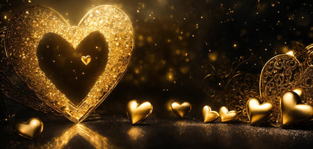 beautiful golden heart on a black background. holidays selective focus. Generative A.I.の写真素材