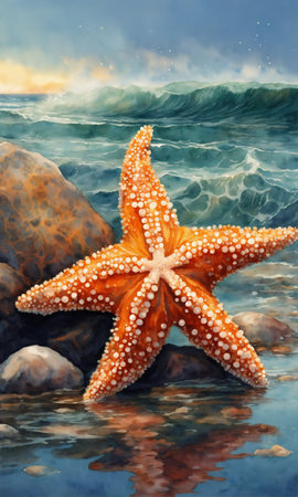 Starfish on the beach in the sea. selective focus. Generative A.I.の写真素材