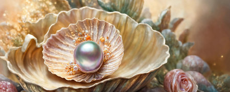 Natural pearls inside a shell. selective focus. animals Generative AI,の写真素材