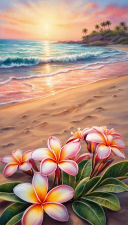 Plumeria flowers on the beach on the sand. selective focus. Generative A.I.の写真素材