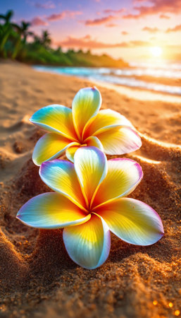 Plumeria flowers on the beach on the sand. selective focus. Generative A.I.の写真素材