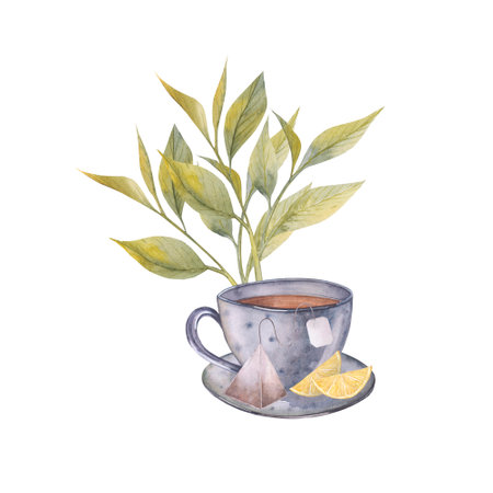 Watercolor illustration set tea. Set tea illustration for package design, cooking appliances.の写真素材