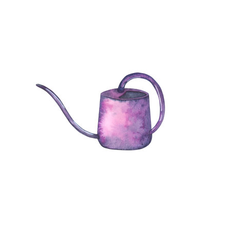 Purple watering can for flowers watercolor illustration isolated. Hand drawn illustration for the design of postcards, holidays and your design.の写真素材