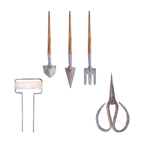 Garden tools for flowers watercolor illustration isolated. Hand drawn illustration for the design of postcards, holidays and your design.の写真素材