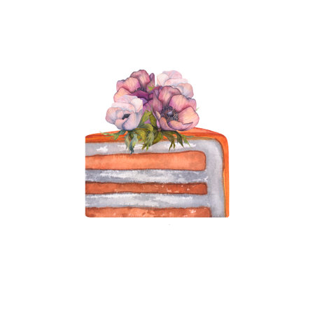 Watercolor illustration piece of delicious orange cake with anemones. Hand drawn pastry clipart element isolated on white background. Sweet dessert for cafe, menu, kitchen, restaurant, Birthday cards.の写真素材