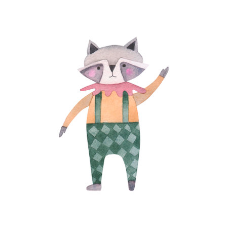 Circus racoon watercolor illustration. Hand drawn isolated on white background. Template for your design, Birthday cards, postcards, childrens room.の写真素材