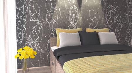 3d render of Yellow color inspired modern bedroom with unique wallpaperの写真素材