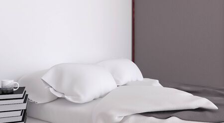3d render of a bed with white sheets, gray blanket and gray wardrobe closet. It shows interior of a modern space, using similar colors for closet and sheets. The books can be used as a shelf or table. Cotton texture is beautiful.の写真素材