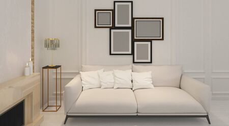 3d rendering of a living room with fireplace, modern furniture and a glass lamp. This minimal design is shown in simple details, daylight, white color and candles, decorative moldings and spotlight.の写真素材