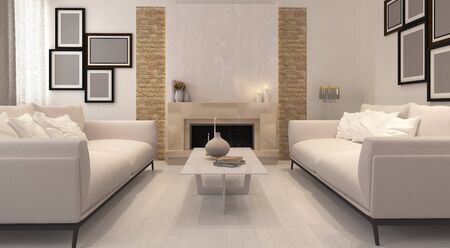 3d rendering of a living room with fireplace and modern furniture.の写真素材