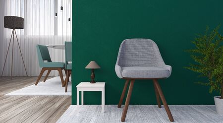 3D rendering of a waiting room in day light, with modern green wall. A comfortable atmosphere created with green painted wall, contrast in colors. Furniture is of modern color and shape.の写真素材