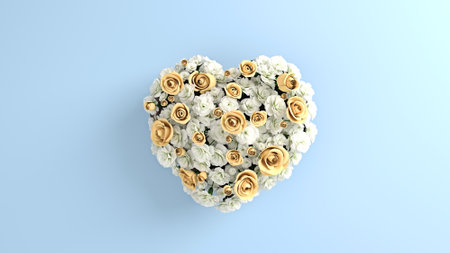 Heart shape white flowers and yellow roses in a gift box for holidays, Valentines, Mothers and Women day, empty space for text, unique colors for men 3D render, 3D illustration, be mine!の写真素材