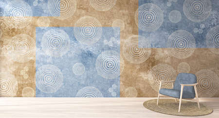 Modern room interior with chair with unique wall paper and eco carpet, 3d rendering, 3d illustrationの写真素材