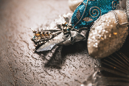 Beautiful silver and blue christmas balls for 2019 New Year on a dark background. Copy spaceの写真素材