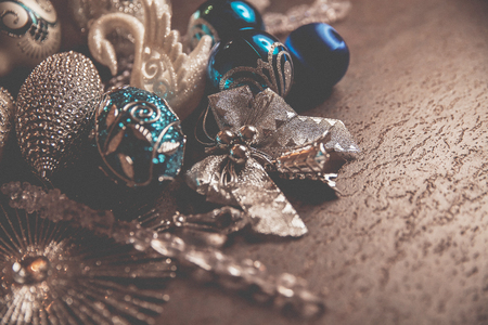 Beautiful silver and blue christmas balls for 2019 New Year on a dark background. Copy spaceの写真素材