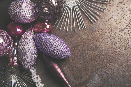 vintage christmas 2019 background with colorful toys on dark surfaceの写真素材