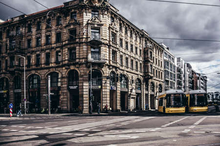 Berlin / Germany - 13 May 2019: Street scene in Berlin, daily traffic on narrow streets with old and modern architectureのeditorial素材