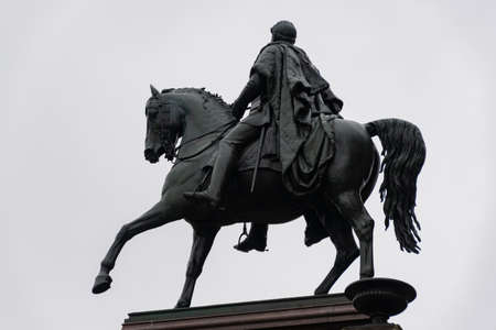 13 May 2019 Berlin, Germany - Equestrian statue of Friedrich Wilhelm IV at the portico of the Old National Gallery in Berlin, Germanyのeditorial素材