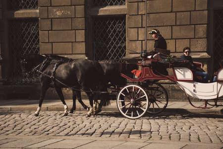 17 May 2019 Dresden, Germany - horse carriages in the historic city of Dresdenのeditorial素材