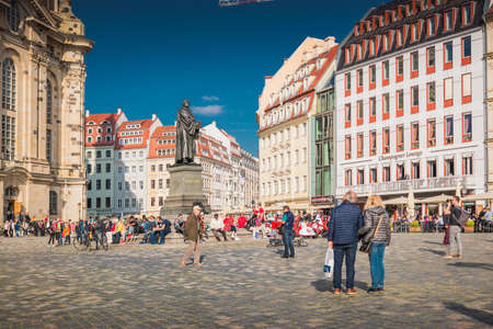 17 May 2019 Dresden, Germany - Lutheran church Dresden Frauenkirche in Dresden, many tourists at Neumarktのeditorial素材