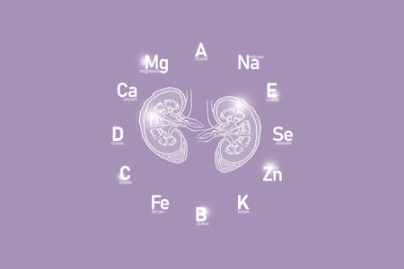Stylized clockface with essential vitamins and microelements for human health, hand drawn human Kidneys, lilac background. Detox of main organs and healthcare concept design mockup.の写真素材